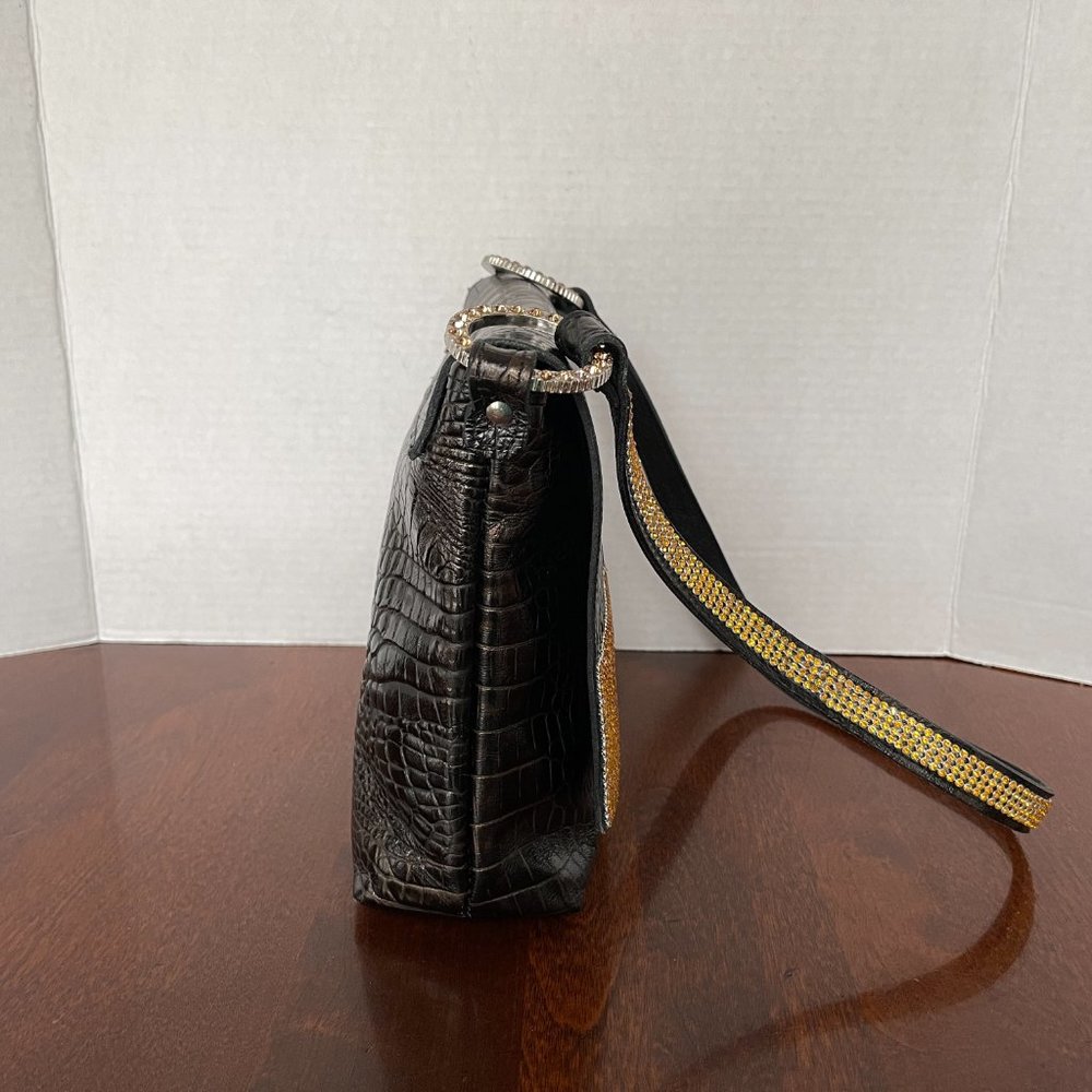 Raviani Black Flap Croco Embossed Leather Shoulder Bag w/Crystals - Picture 6 of 13